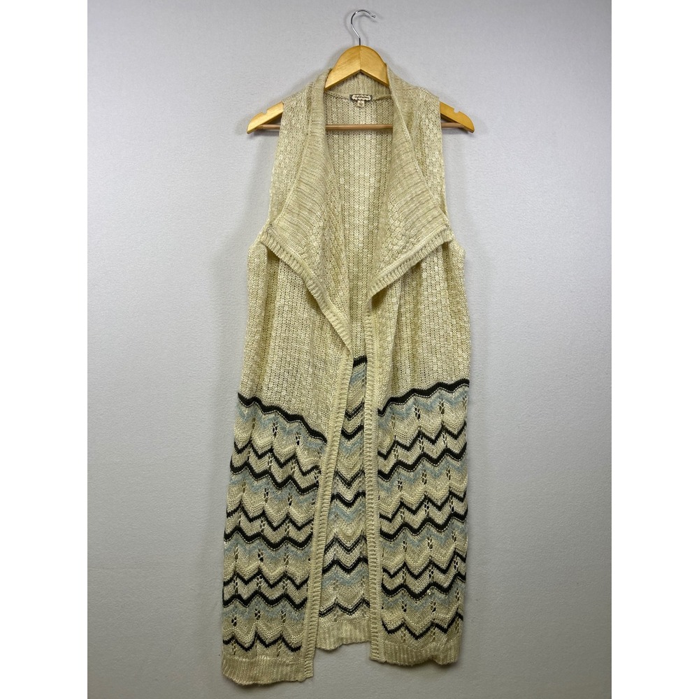 Boho Eyeshadow Womens Large Cream Chevron Longline Pointelle‎ Knit Cardigan Vest